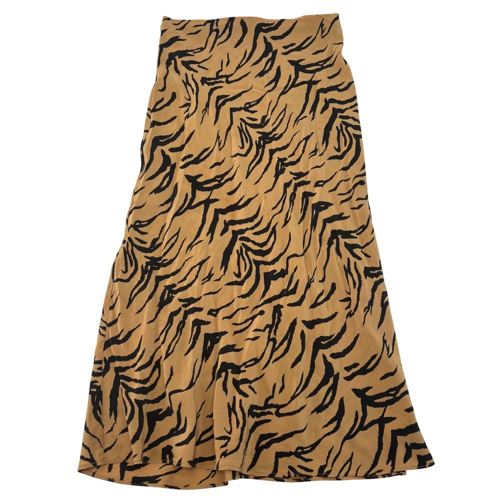 Madewell 100% Silk Tiger Print Midi Skirt Tan Black Animal Pattern Elastic Waist